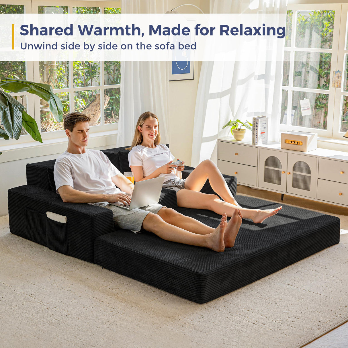 MAXYOYO Loveseat Sofa Bed, 4 in 1 Foldable Floor Sofa Couch in A Box with 2 Cup Holders, Convertible Boneless Couch Folding Recliner Sleeper Chair for Living Room, No Assembly Required, Black MAXYOYO