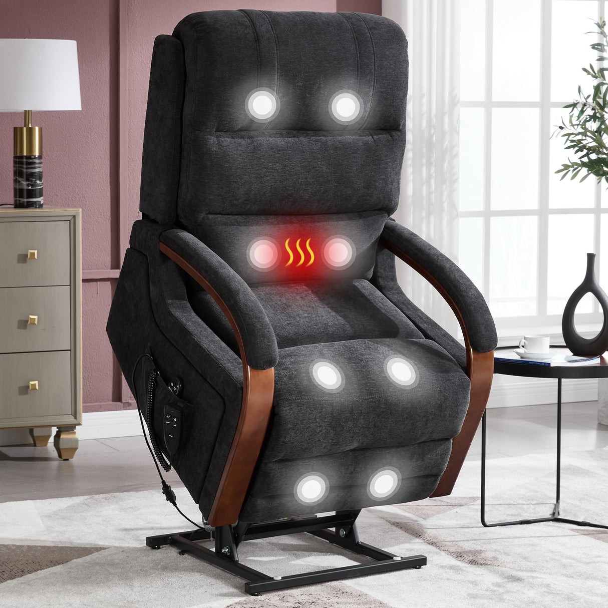 Power Lift Recliner Chair for Elderly People, Dual Motor Lift Chair with Vibration Massage and Heat, Lay Flat Recliner with Solid Wood Armrest, Standing Assistance Reclining, Chenille Fabric Black EZZUP
