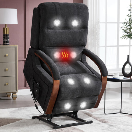 Power Lift Recliner Chair for Elderly People, Dual Motor Lift Chair with Vibration Massage and Heat, Lay Flat Recliner with Solid Wood Armrest, Standing Assistance Reclining, Chenille Fabric Black EZZUP