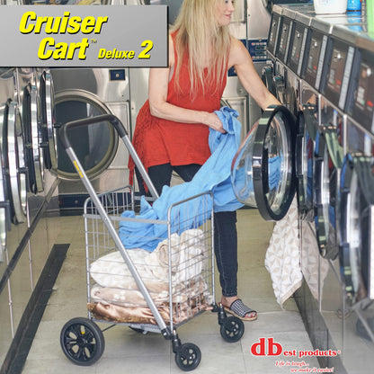 dbest products Cruiser Cart Deluxe 2 Shopping Grocery Rolling Folding Laundry Basket on Wheels Foldable Utility Trolley Compact Lightweight Collapsible, Silver