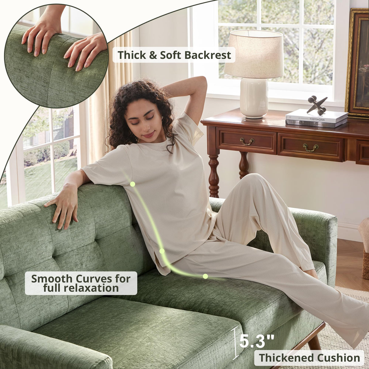 Kingfun 65.2" W Loveseat Sofa, Mid Century Modern Decor Love Seat Couches for Living Room, Button Tufted Upholstered Furniture, Solid & Easy to Install Small Couch for Bedroom Office Apartment, Green Kingfun