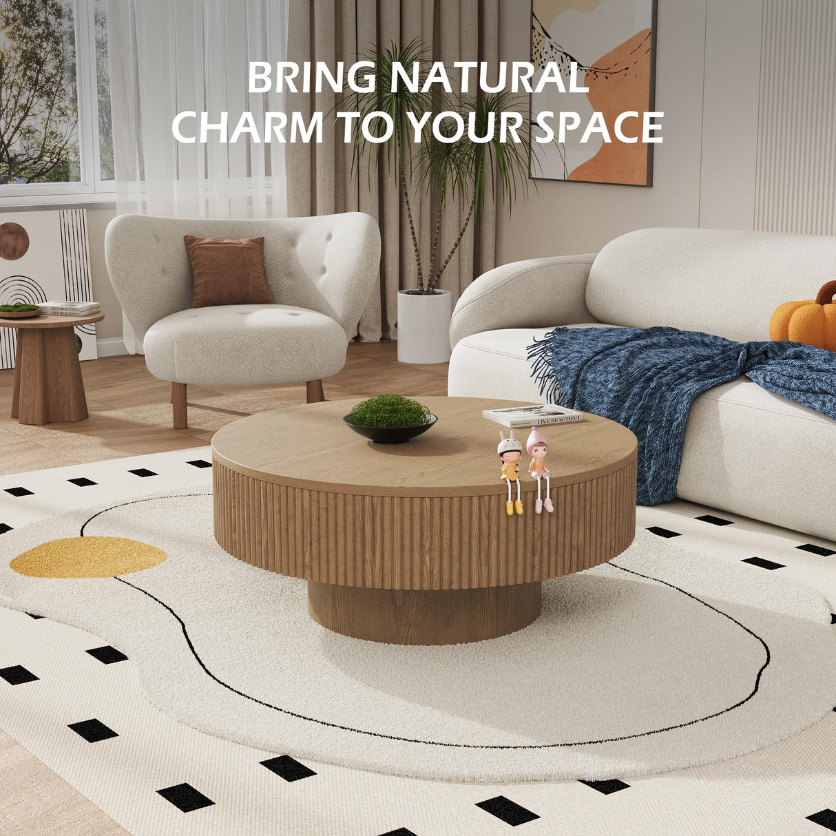 YOUDENOVA 31.5” Round Fluted Coffee Table, Modern Wood Circle Coffee Table, Veneer Handcrafted Relief Tea Table with Sturdy Pedestal for Living Room - Nature YOUDENOVA