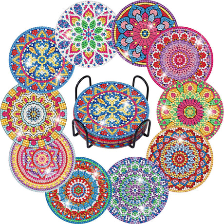 Billbotk Diamond Painting Coasters Kits, 10 Pieces Mandala Diamond Art Coasters with Holder, Arts and Crafts for Adults Billbotk