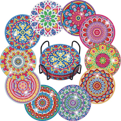 Billbotk Diamond Painting Coasters Kits, 10 Pieces Mandala Diamond Art Coasters with Holder, Arts and Crafts for Adults