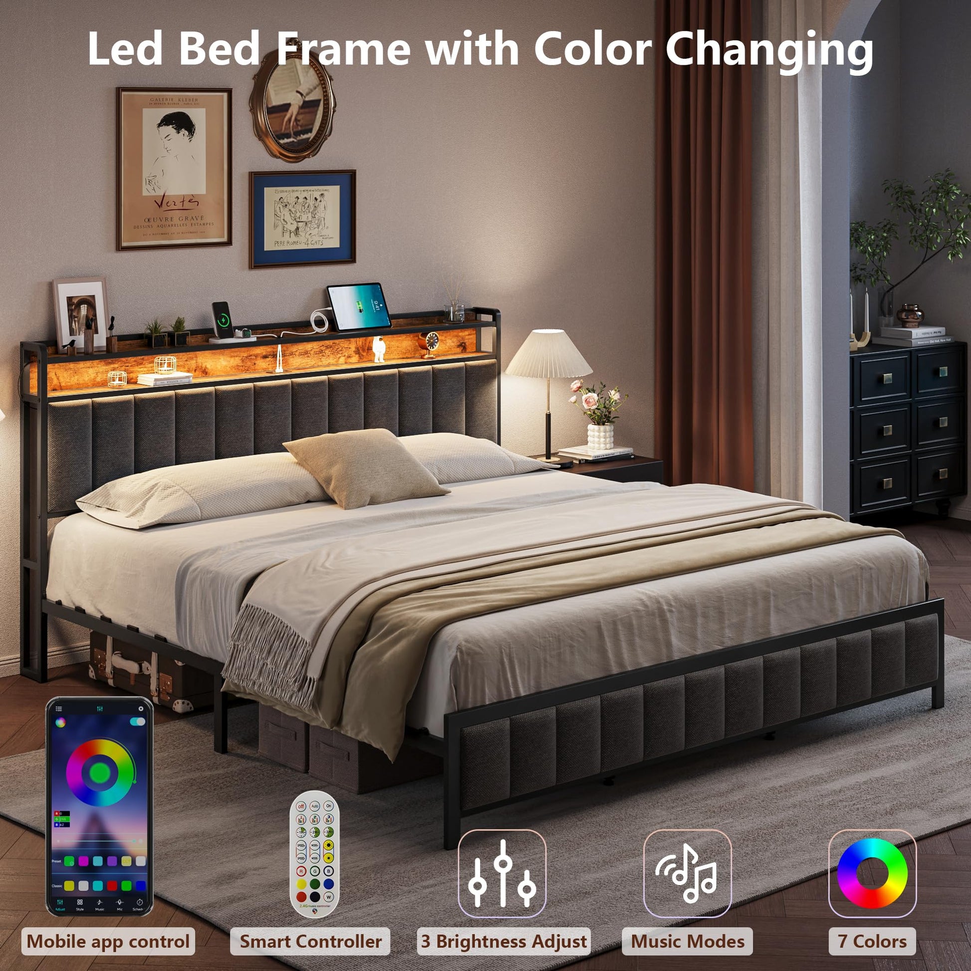 MEIJUJIA Upholstered King Bed Frame with LED Headboard and Charging Station - Grey - WoodArtSupply