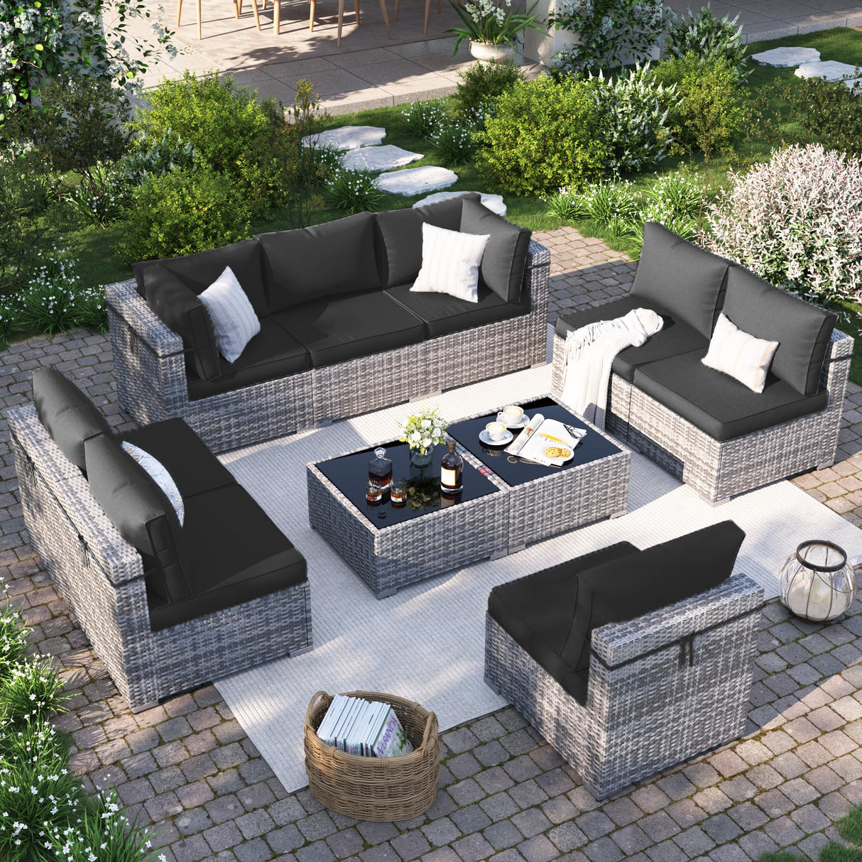 VONZOY Patio Furniture Set, 10-Piece Outdoor Sectional with Free Cover, All-Weather Wicker Patio Conversation Sets for Backyard (Grey with Black Cushion) VONZOY