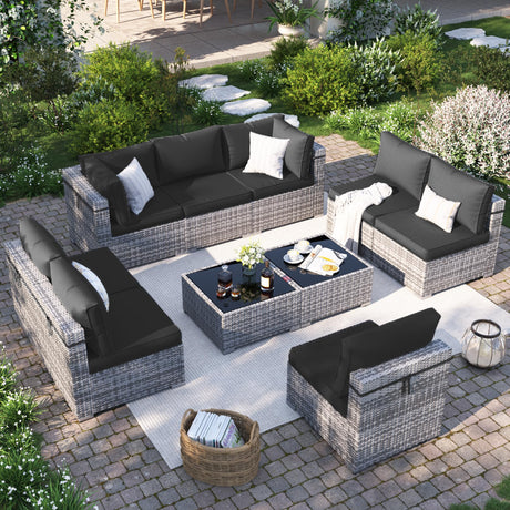 VONZOY Patio Furniture Set, 10-Piece Outdoor Sectional with Free Cover, All-Weather Wicker Patio Conversation Sets for Backyard (Grey with Black Cushion) VONZOY