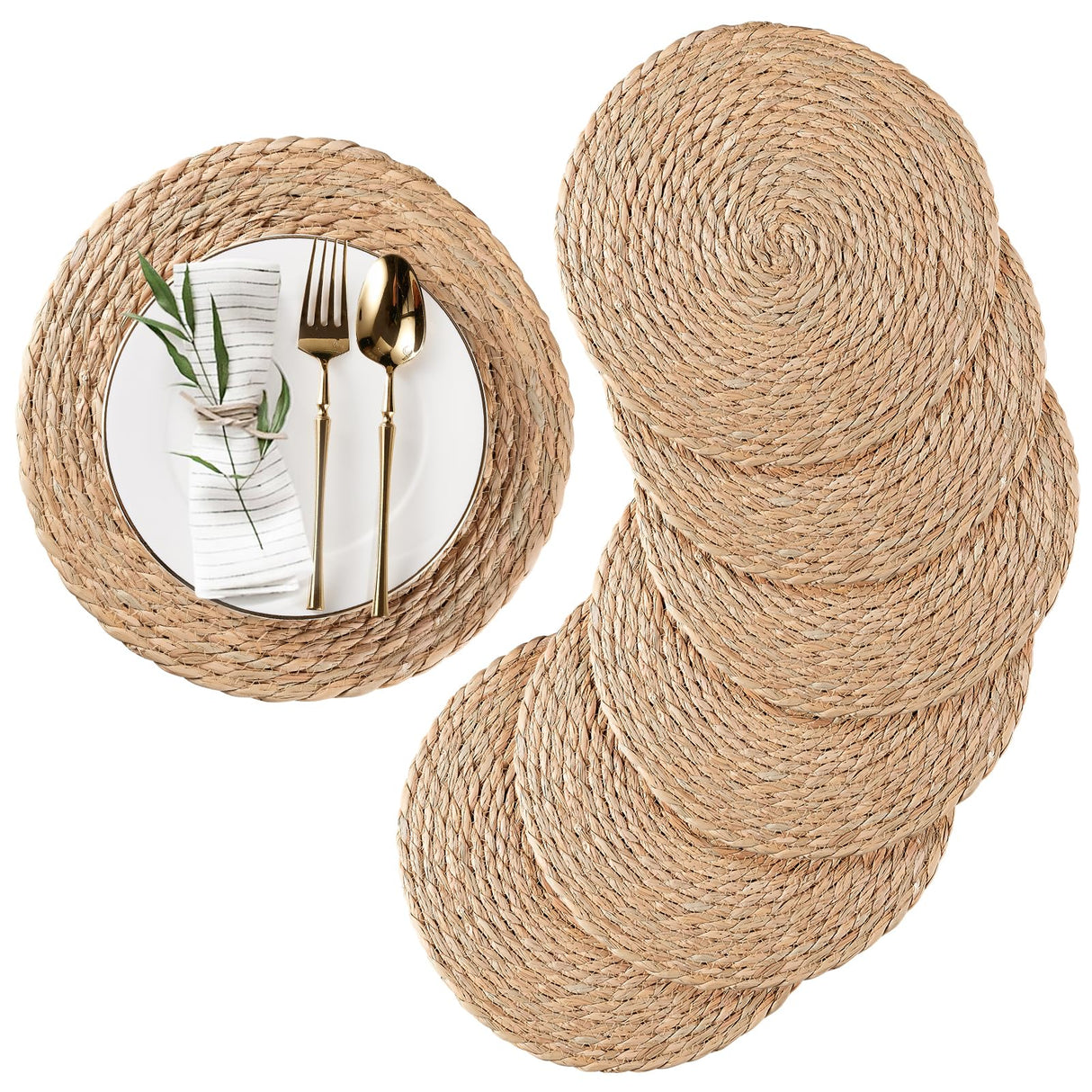 RUNTIVAN Round Woven Placemats Set of 6, Natural Water Hyacinth Place mats, 12 inch Rattan Placemats Wicker Placemats Farmhouse Boho Braided Heat Resistant Outdoor Placemat Patio Table Place Mats RUNTIVAN
