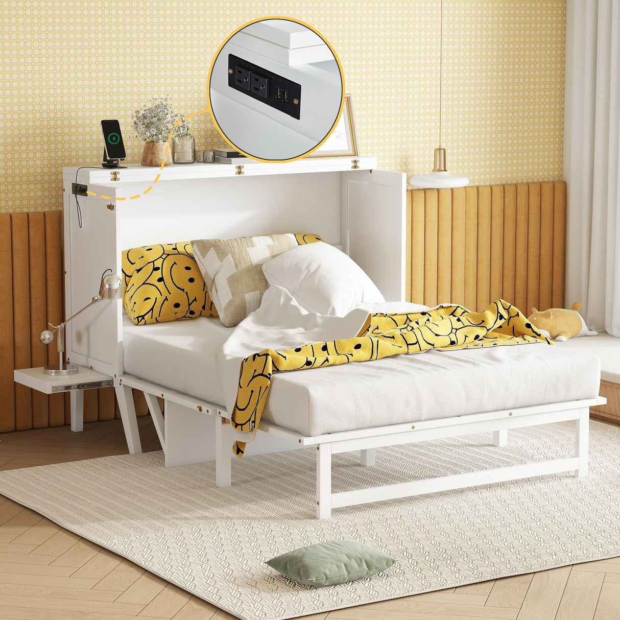 KEIKI Full Size Cabinet Murphy Bed with Charging Station, Drawers, Removable Shelves, Multiple Storage Foldable Hideaway Wall Murphy Bed Frame, No Box Spring Needed, Easy Assembly, for Bedroom, White KEIKI