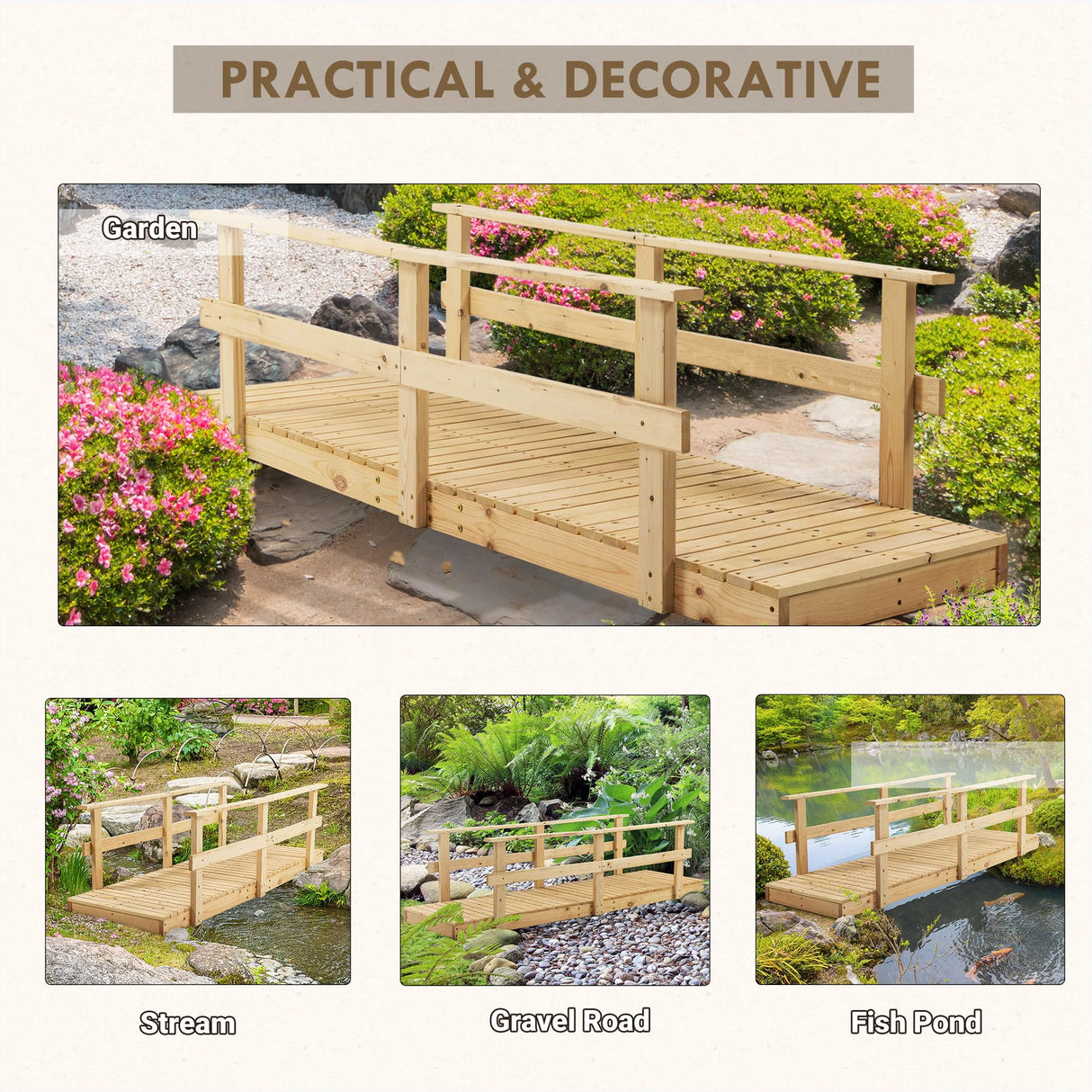 Outsunny 7' Wooden Garden Bridge with Safety Rails, Outdoor Footbridge for Ponds, Creeks, Backyard, Natural Outsunny