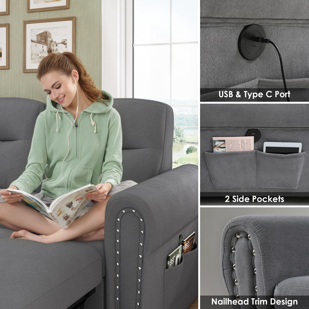 Sleeper Sofa Bed, 87'' Sectional Couch with Reversible Storage Chaise & Nailhead Armrest, Pull Out Couches for Living Room, Side Pocket & Charging Station, Removable Backrest, Velvet Fabric, Dark Grey Keyluv
