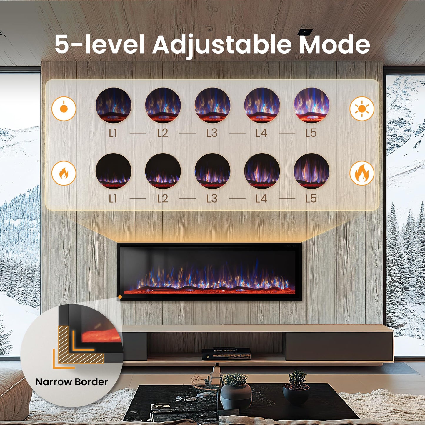 PHI VILLA 60" Electric Fireplace Wall Mounted, in Wall Recessed Fireplace Electric with Crystal, Fake Charcoal & Log Sets for Indoor, Remote Control, 750W/1500W, Timer, Ultra-Narrow Bezel