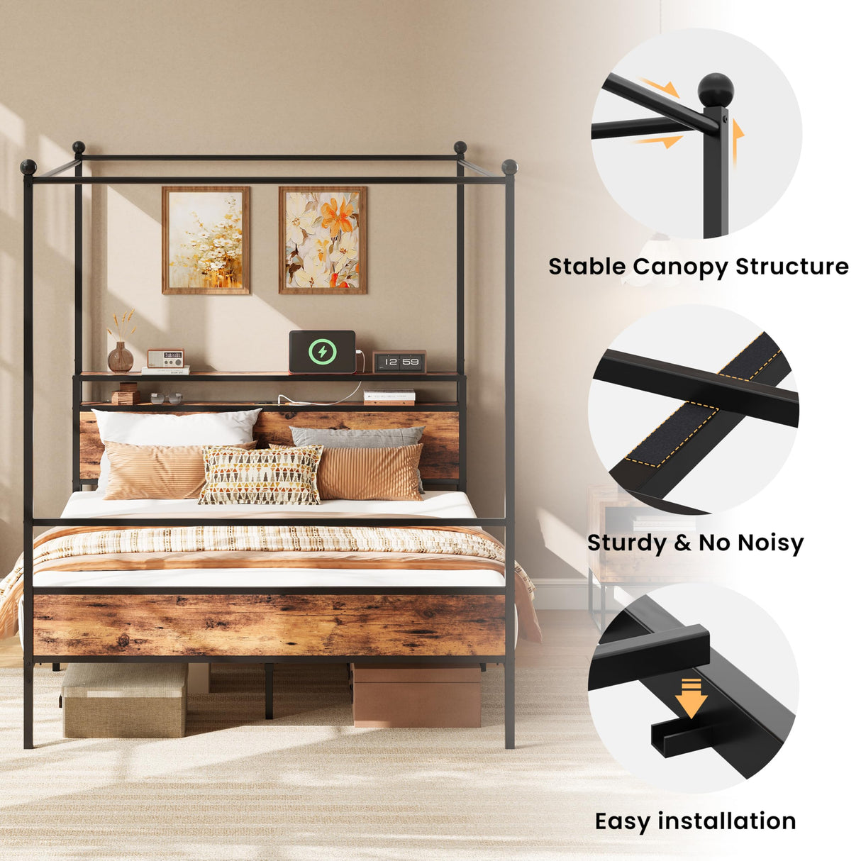 LIKIMIO Canopy Bed Frame Queen with Storage Headboard & Charging Station, Sturdy Metal Platform Bed with 4 Removable Posts, Dual Purpose Bed Frame, No Box Spring Needed, Noise Free LIKIMIO