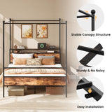 LIKIMIO Canopy Bed Frame Queen with Storage Headboard & Charging Station, Sturdy Metal Platform Bed with 4 Removable Posts, Dual Purpose Bed Frame, No Box Spring Needed, Noise Free LIKIMIO