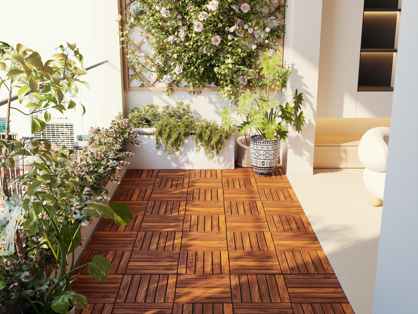 HomeVie 27 PCS Premium Hardwood Interlocking Deck Tiles 12" x 12", Durable and Waterproof All-Weather, Striped Pattern, Golden Teak - WoodArtSupply