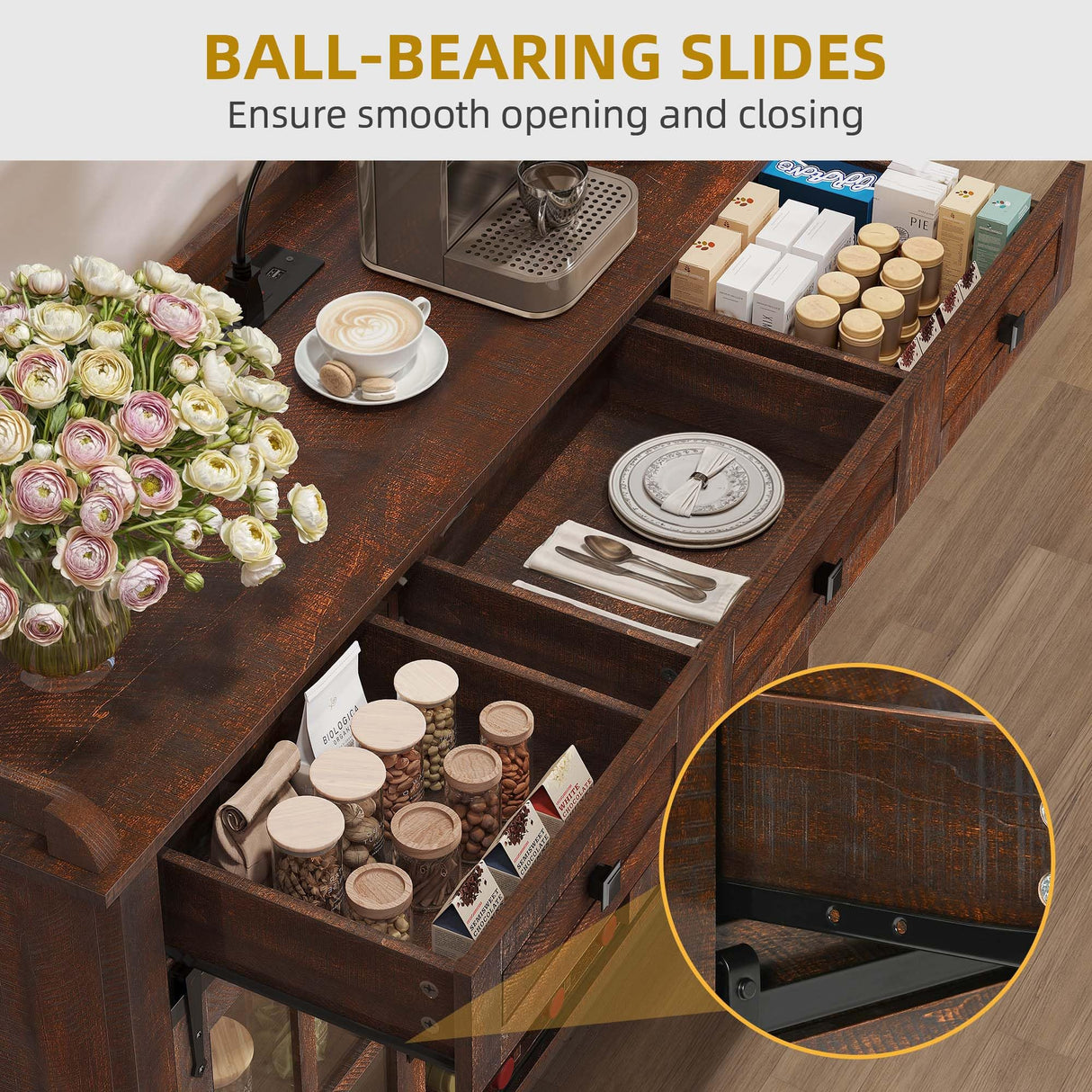 DWVO Farmhouse Coffee Bar Cabinet with Sliding Door and Drawers, 53" Kitchen Sideboard Buffet Cabinet, Home Bar Cabinet with Wine Rack for Kitchen Living Room, 3 Drawers Storage Cabinet, Brown Oak DWVO