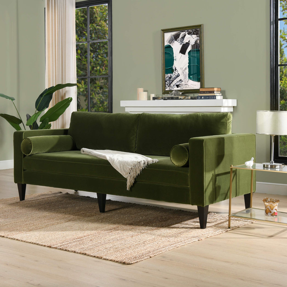 Jennifer Taylor Home Nicholi Lawson Velvet Loose Back Sofa - Olive Green, Modern & Contemporary Jennifer Taylor Home