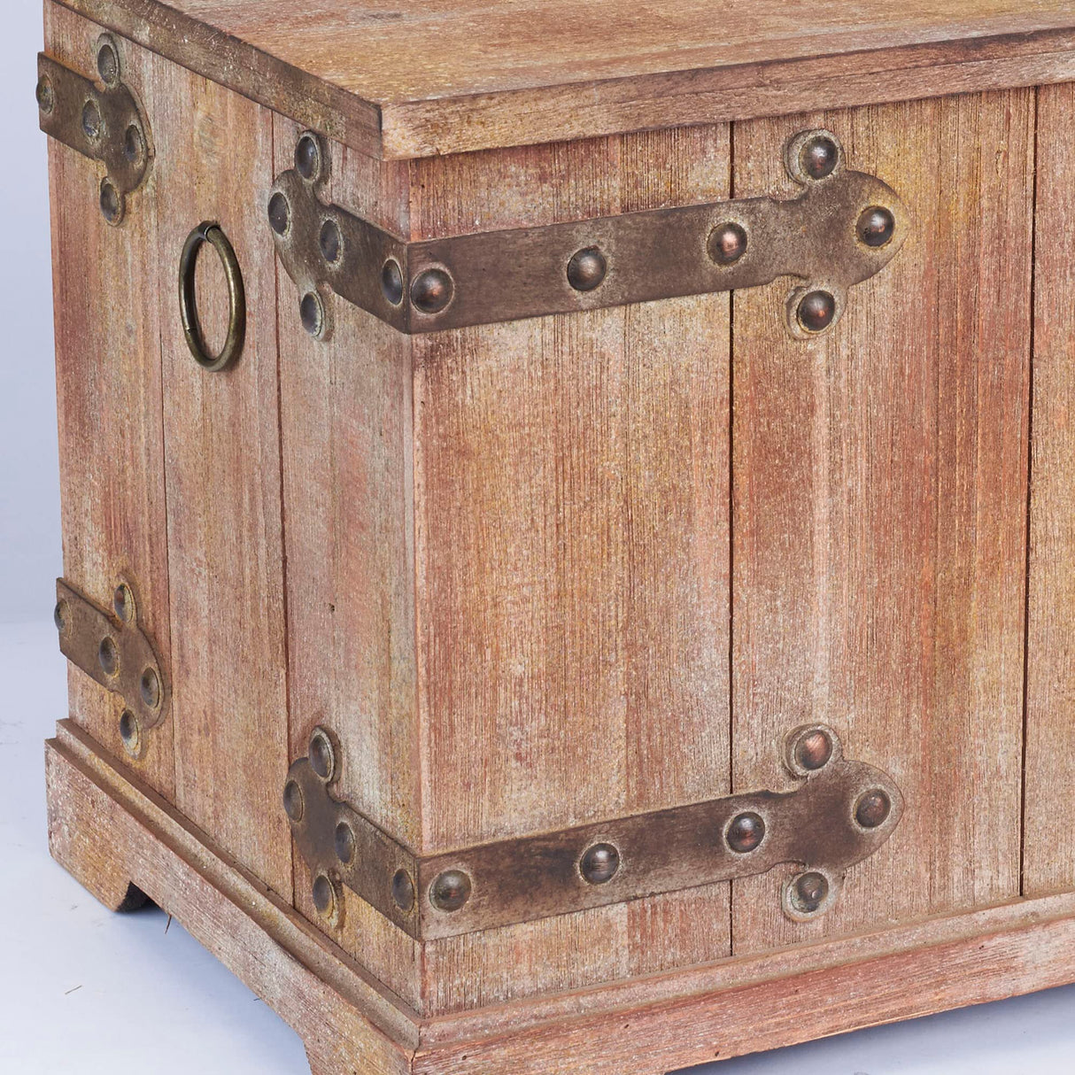 Household Essentials Decorative Trunk, Victorian, Large, Chinese Fir Wood, Aged-Wood Finish with Metal Accents, Fully Opening Lid, Stout Design, Ring Handles Household Essentials