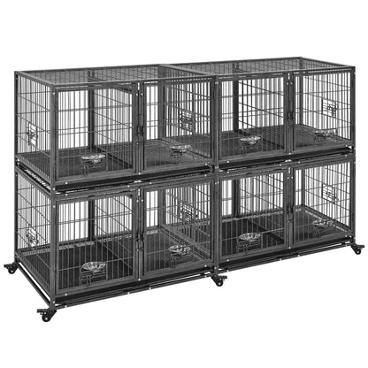 Yaheetech Stackable Dog Crate 42'' Heavy Duty Large Dog Crate with Divider 4pcs Rolling Pet Metal Crate w/Double Doo Water Bowl Pet Kennel Indoor