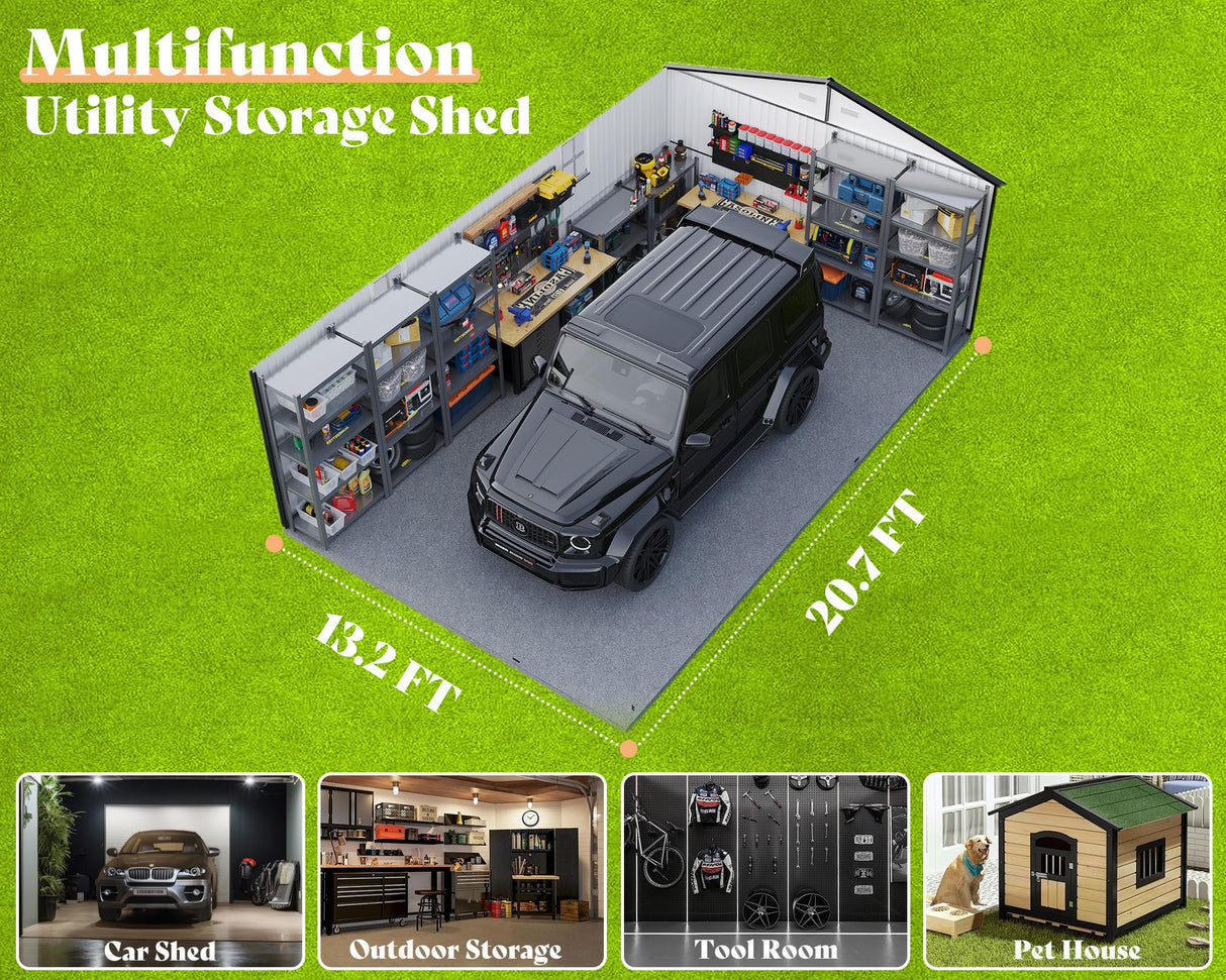 AMERLIFE 13.2x21x8 FT Outdoor Metal Garage Shed, Extra Large Storage Shed with Double Hinged Doors, 4 Windows, Carport for Car, Truck, Motorcycle and Lawn Equipment, Dark Grey AMERLIFE