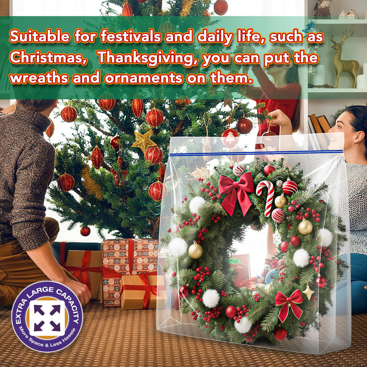 Extra Large Wreath Storage Bag, 34"x34"x8.5", Clear Storage Bag with Handle, Summer Christmas Decoration Garland Container for Seasonal Thanksgiving Holiday Artificial Wreath, 4 Pack VacPack
