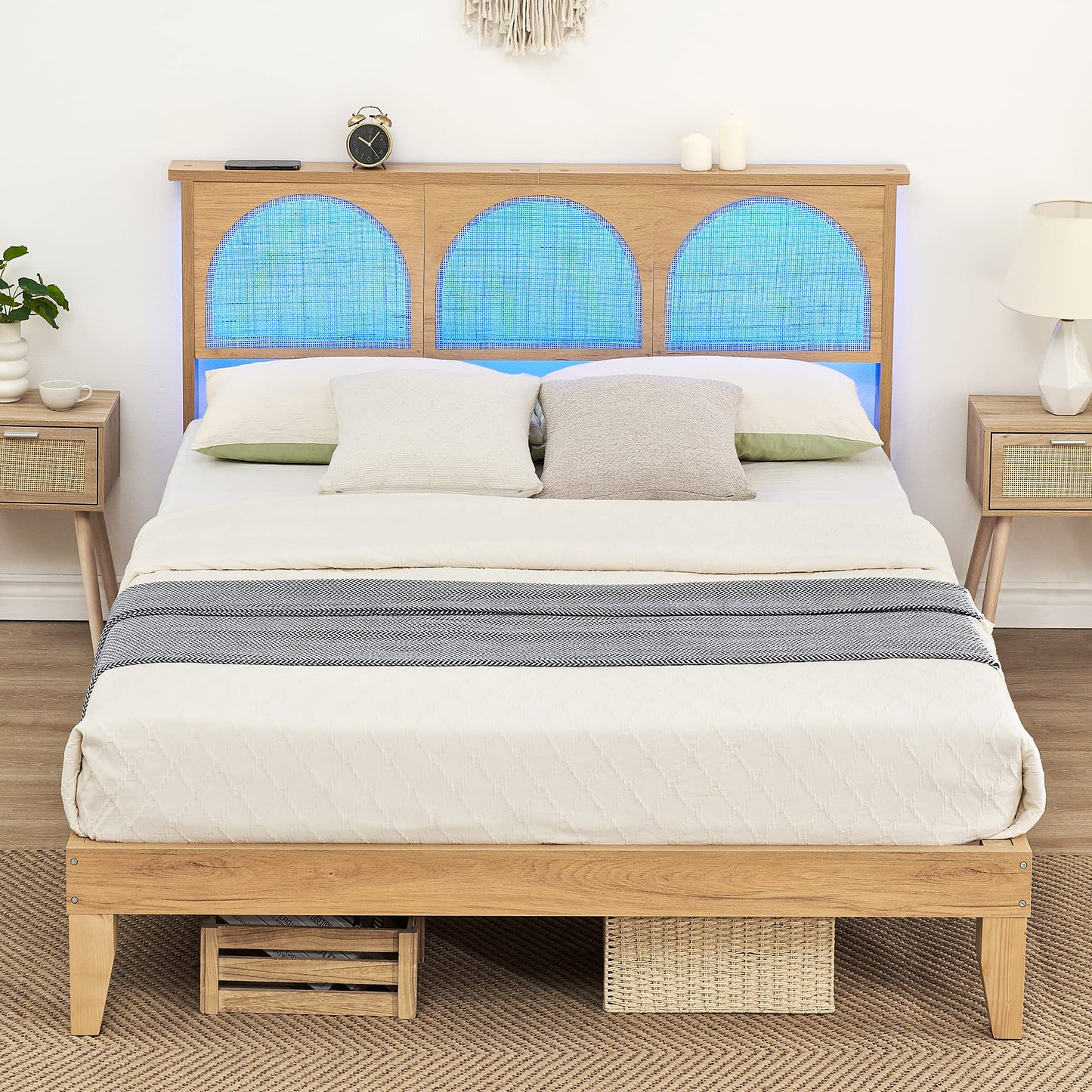 Queen Size Platform Bed Frame with Natural Rattan Headboard and RGB LED Lights - WoodArtSupply