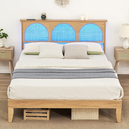 Queen Size Platform Bed Frame with Natural Rattan Headboard and RGB LED Lights - WoodArtSupply