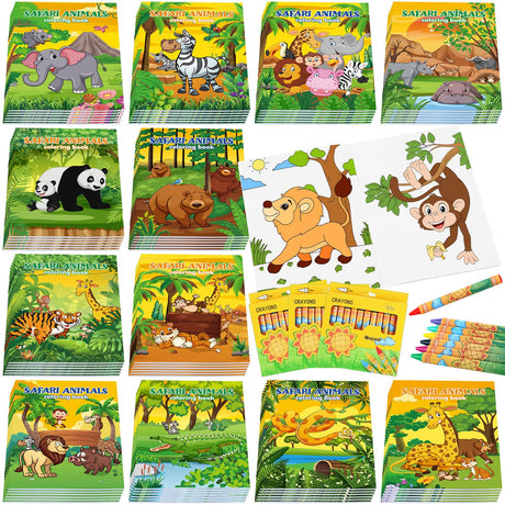 Fulmoon 144 Pcs Zoo Animals Coloring Book with Crayons Set for Kids Jungle Safari Coloring Books Bulk Party Favor for Kids Wild One Animals Birthday Goodie Bag DIY School Class Home Activity Supply Fulmoon