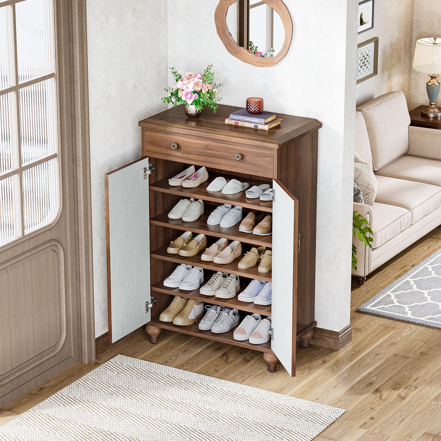 Tribesigns Shoe Cabinet with Drawer for Entryway, 20 Pairs Farmhouse Shoe Storage Cabinet with Doors and Adjustable Shelves, 5-Tier Wood Shoe Rack Organizer for Hallway, Closet, Living Room,  - WoodArtSupply