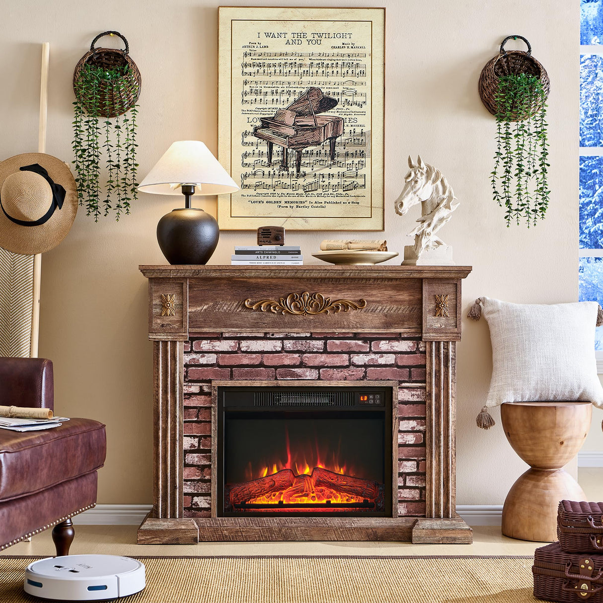 43" Electric Fireplace with Mantel, Electric Fireplace Heater, TV Stand w/Freestanding Electric Fireplace, Stacked Stone Surround, Remote Control, Adjustable Flame Level for Living Room (Light Brown) Aitjunz