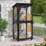 Dephet Catio Outdoor Cat Enclosure with Scratcher - 4-Tier Large Indoor Wooden Window Catio Cats House W/Asphalt Waterproof Roof, Wheels, Resting Box, Platforms, Kitten Toys Ball Dephet