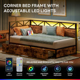 LIKIMIO Twin Daybed with Storage Drawers and Charging Station, Corner Bed Frames with Headboard and LED Lights, Industrial Brown LIKIMIO