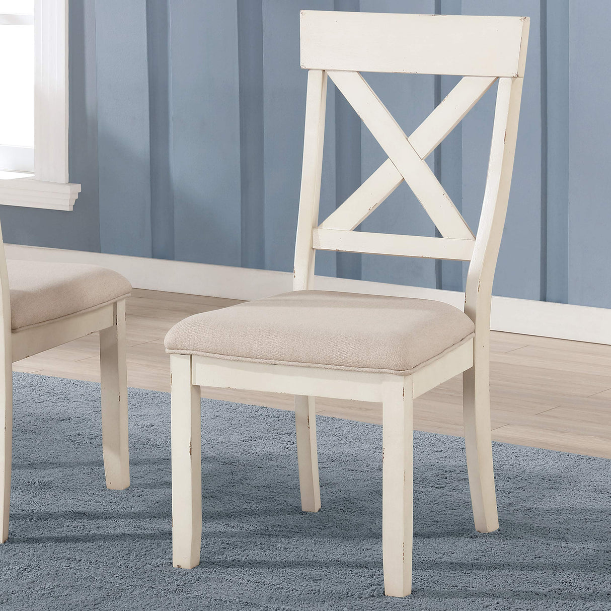 Roundhill Furniture Prato Wood Cross Back Upholstered Dining Chairs, Set of 2, Antique White Roundhill Furniture