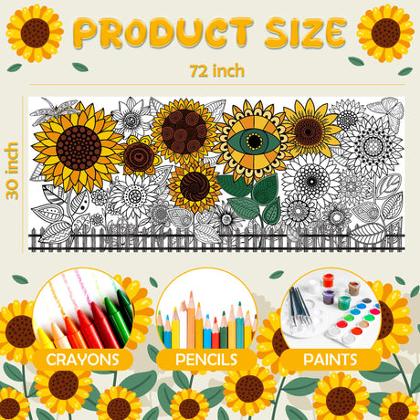 OHOME Sunflower Giant Coloring Poster/Tablecloth - Sunflower Decor - 30 x 72 Inches Jumbo Coloring Banner Kids Crafts Activities Decor Party Supplies OHOME