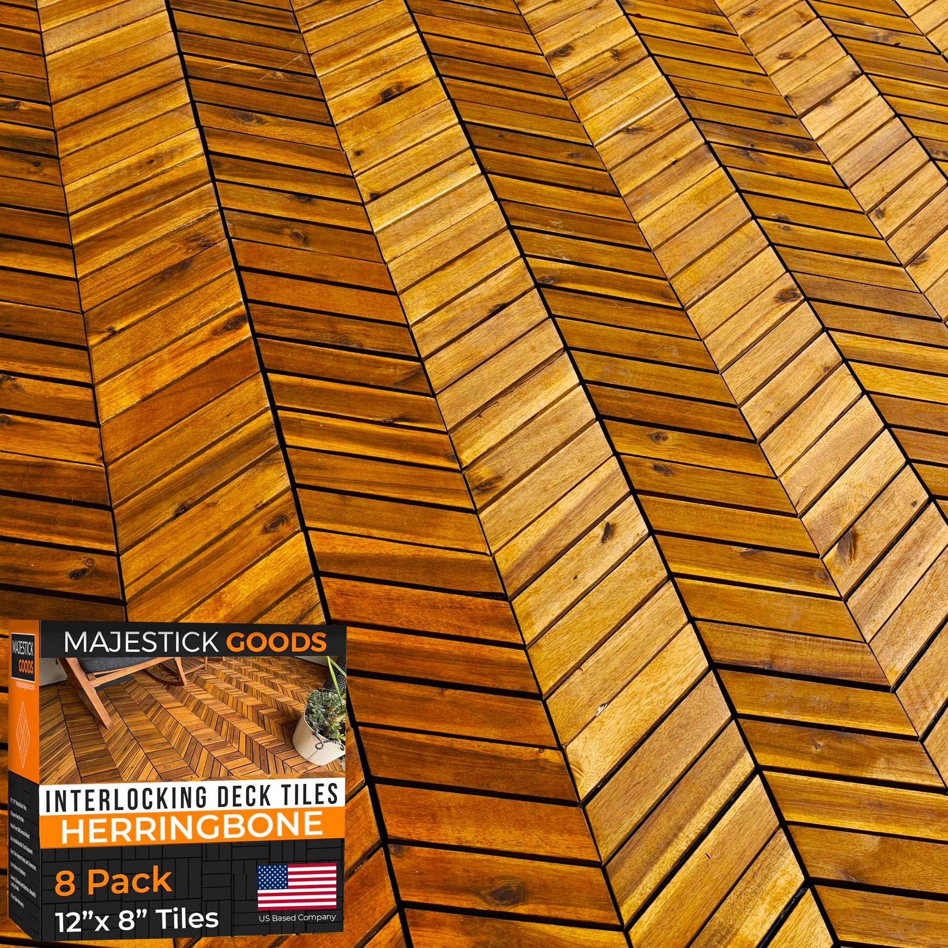 Interlocking Deck Tiles 12" x 9" Herringbone 6 Sq Ft - Non-Slip Acacia Wood Outdoor Tiles for Patio - Decking, Porch and Balcony Flooring Tiles - Easy to Install Wooden Deck Tile Pavers (8 Pa - WoodArtSupply