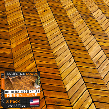 Interlocking Deck Tiles 12" x 9" Herringbone 6 Sq Ft - Non-Slip Acacia Wood Outdoor Tiles for Patio - Decking, Porch and Balcony Flooring Tiles - Easy to Install Wooden Deck Tile Pavers (8 Pack) Majestick Goods