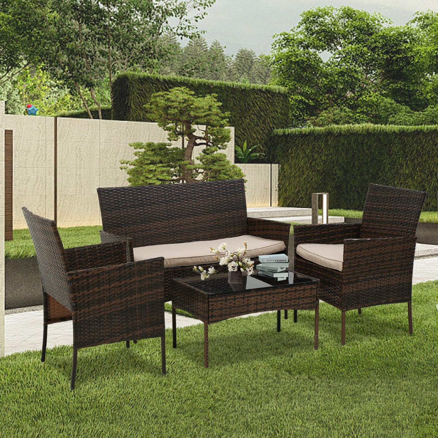 4 Pieces Patio Furniture Set Rattan Outside Furniture Wicker Sofa Garden Conversation Sets with Soft Cushion and Glass Table for Yard Pool or Backyard,Brown