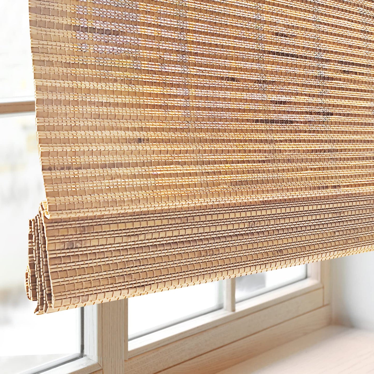 FACIMI Cordless Blackout Bamboo Window Shades, Light Filtering Roman Blinds with 6" H Valance, with Room Darkening Liner Bamboo Shades for Windows, Sliding Doors, Amber