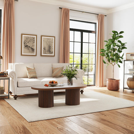 RUSTYER Oval Fluted Coffee Table, Farmhouse Wood Coffee Table Mid Century Modern Center Table Boho Living Room Tables for Living Room Office (Walnut, 19.69" D x 39.38" W x 13.78" H) RUSTYER