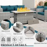 WAROOM Patio Furniture Set 6 Piece Grey Wicker Outdoor Furniture Patio Sectional Sofa Couch PE Rattan Conversation Sets with Fire Pit Table, Peacock Blue Cushion WAROOM