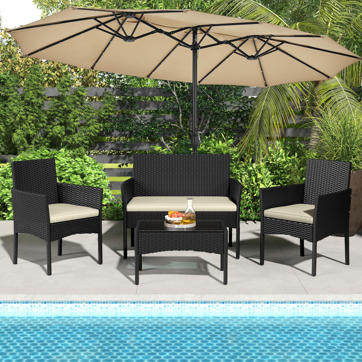 Yaheetech Patio Furniture Set 4 Pieces Conversation Sets, Rattan Chair Wicker Set Loveseat with Soft Cushion and Glass Table for Backyard Porch Garden Poolside Balcony, Black and Beige Yaheetech