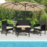Yaheetech Patio Furniture Set 4 Pieces Conversation Sets, Rattan Chair Wicker Set Loveseat with Soft Cushion and Glass Table for Backyard Porch Garden Poolside Balcony, Black and Beige Yaheetech