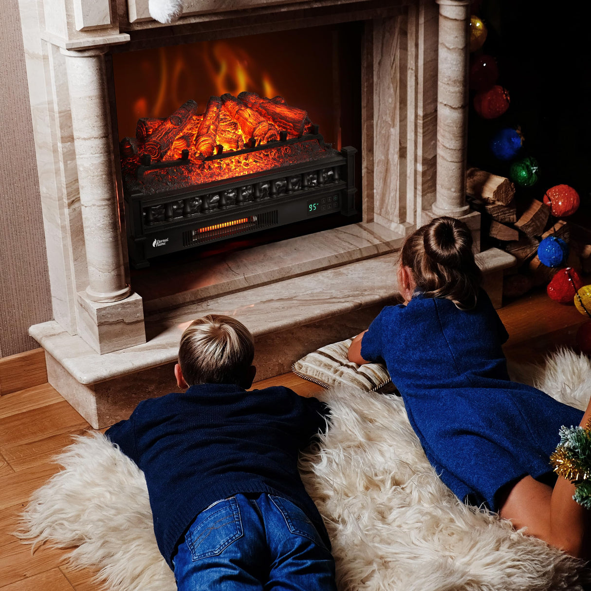 TURBRO Eternal Flame 26 in. WiFi Infrared Quartz Electric Fireplace Log Heater with Sound Crackling, Realistic Pinewood Logs, Adjustable Flame Colors, Remote Control, Thermostat, Timer, 1500W Black TURBRO