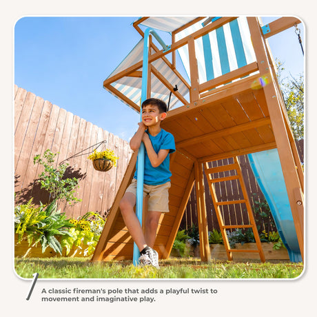 Teamson Kids Wooden Swing Sets for Backyard Outdoor Playset with Slide Rock Wall Trapeze Bar Fireman Pole Pirate Wheel Kids Playground with Swingset Holds 9 Children Ages 3 to 10 Teamson Kids