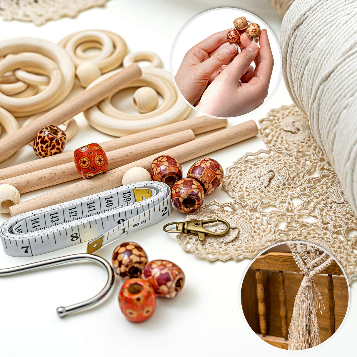 Macrame Kit - 227pc Wall Hanging and Plant Hanger Supplies, 225y Cord 3mm, Beads, Wood Dowels, Rings, E-Book - DIY Craft Starter Set for Adults and Beginners Tephran