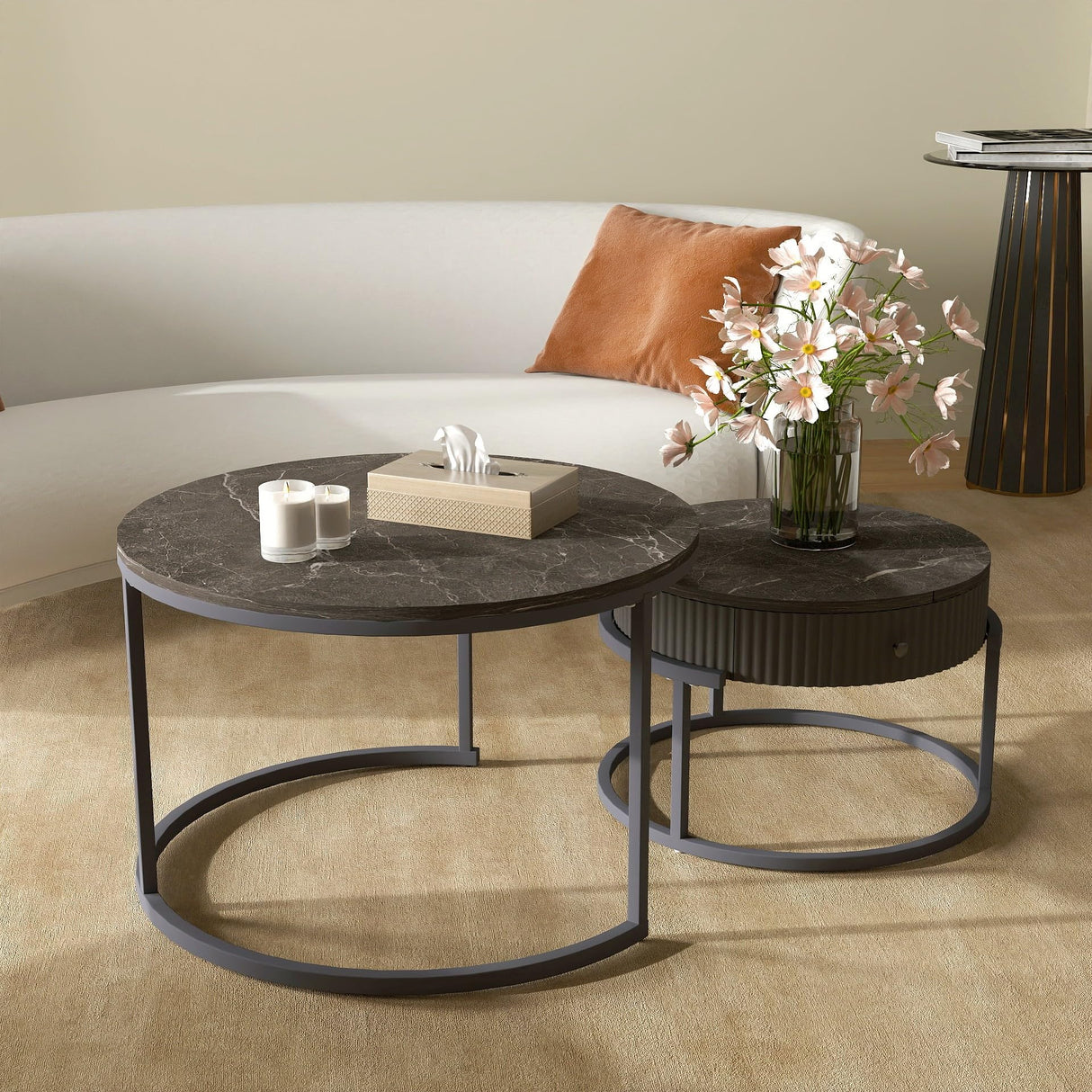 Round Nesting Coffee Tables Set: Gray Marble End Tables Set of 2 - Modern Metal Stacking Side Tables for Living Room Small Spaces Paradmas