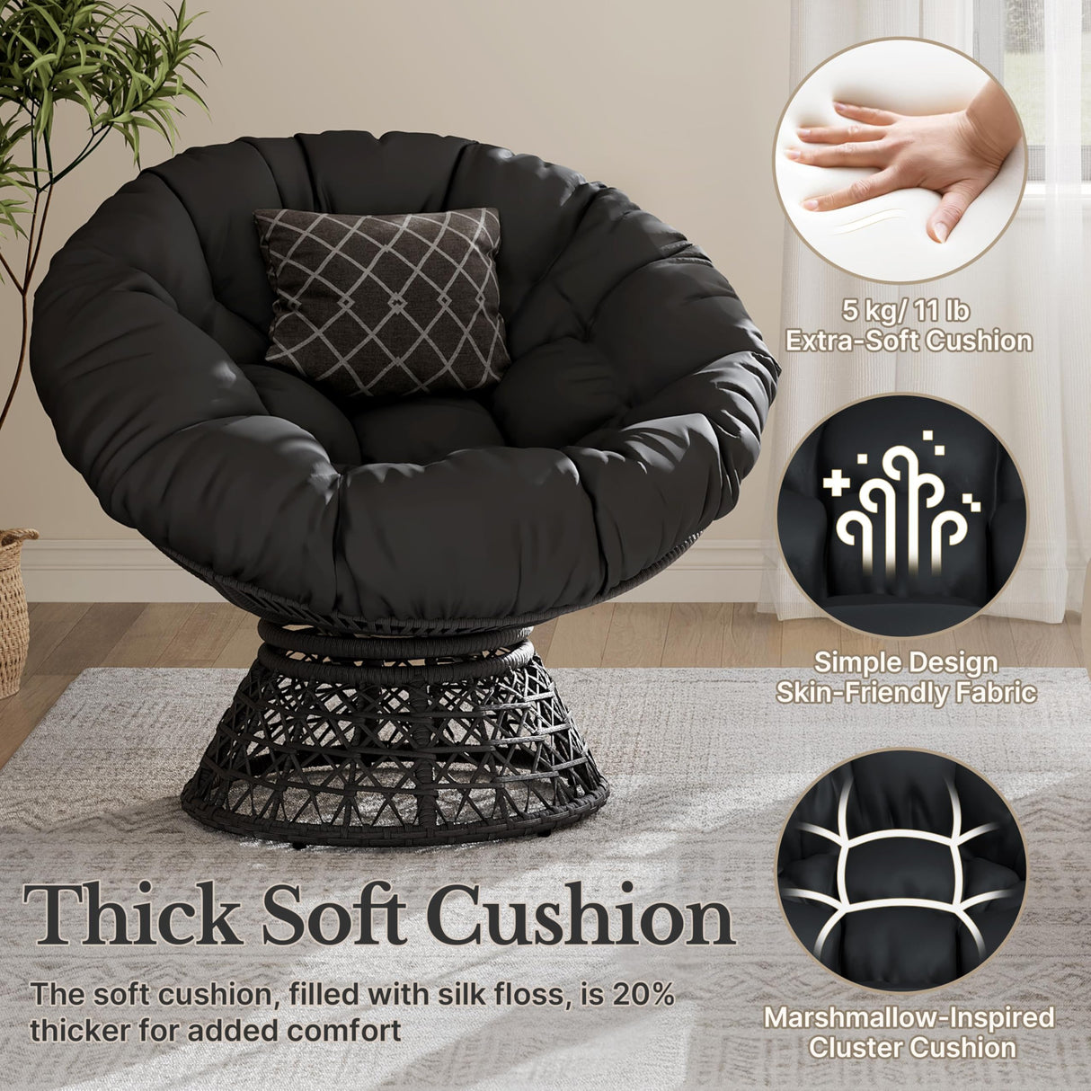 Yaheetech Indoor Papasan Chairs with Thick Tufted Cushions and Frame, Swivel Wicker Ergonomic Lounge Reading Chairs for Living Room/Bedroom, Black Yaheetech
