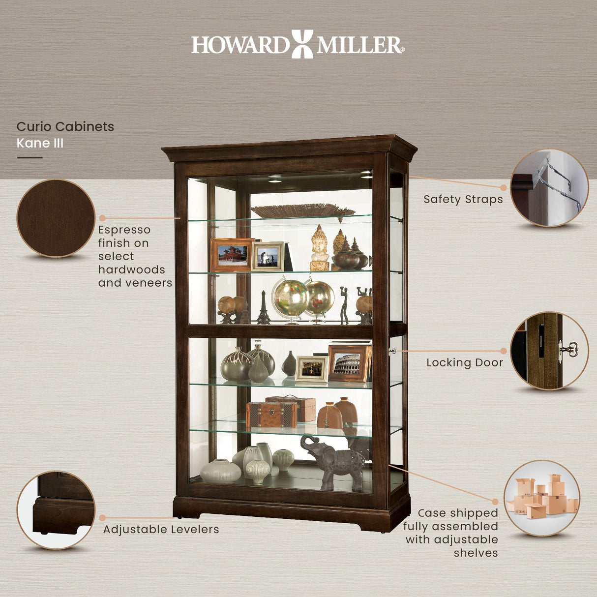 Howard Miller Kane III Curio Cabinet 680-626 – Espresso Finish Home Decor, Five Glass Shelves, Six Level Display Case, No-Reach Roller Light, Locking Slide Door Howard Miller