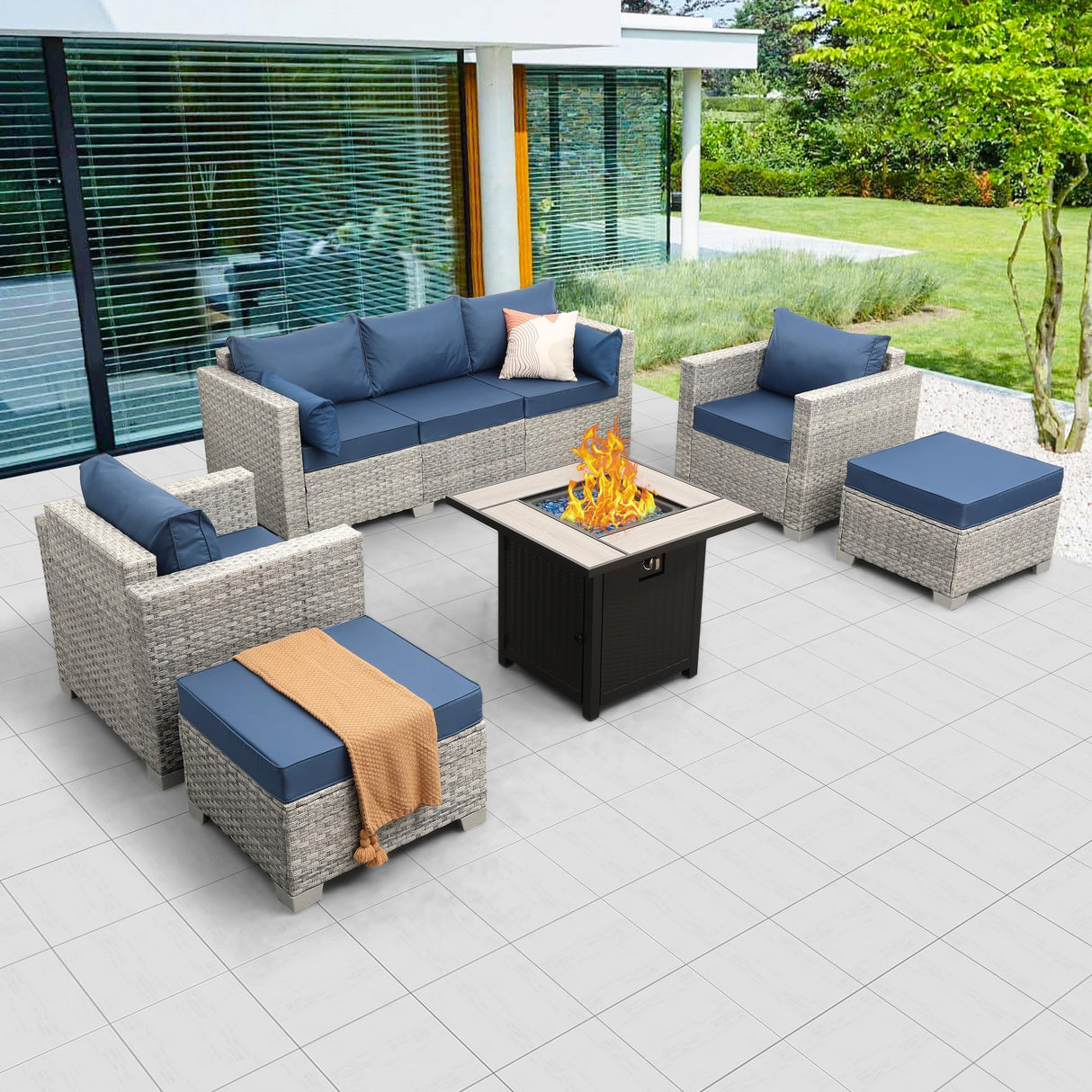 WAROOM Patio Furniture Set 6 Piece Outdoor Patio Set Grey Wicker Balcony Furniture Conversation Sets PE Rattan Couch Sofa with Fire Pit Table, Blue Cushion WAROOM