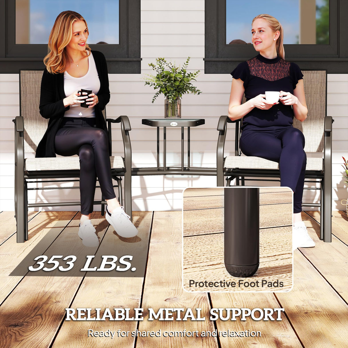 Outsunny Outdoor Glider Chairs with Coffee Table, Patio 2-Seat Rocking Chair Swing Loveseat with Breathable Sling for Backyard, Garden, and Porch, Light Brown Outsunny